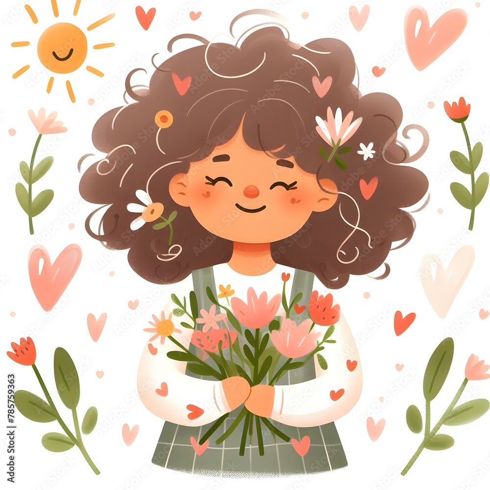 illustration of a girl happy with curly hair holding a bunch of flowers illustration of a girl happy with curly hair holding a bunch of flowers