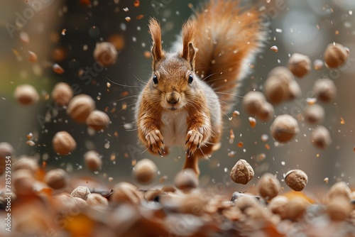 Dynamic shot of a squirrel leaping towards the camera with nuts flying in the backdrop