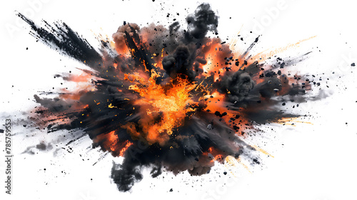 a large, fiery explosion with black smoke and orange flames against a white background.