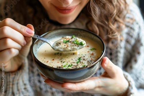 Macro shot of a woman savoring a spoonful of creamy soup