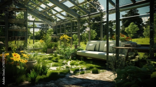 watering the lawn in a greenhouse