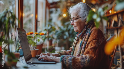 A senior woman is engrossed in using her laptop at a home beside a window, surrounded by vibrant houseplants, embodying comfort and connectivity.