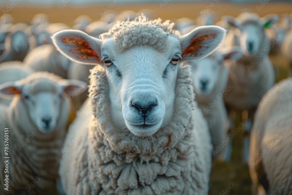 With the sunset sky as the canvas, this image highlights several sheep in sharp detail against the soft evening light, bringing focus to their alert expressions