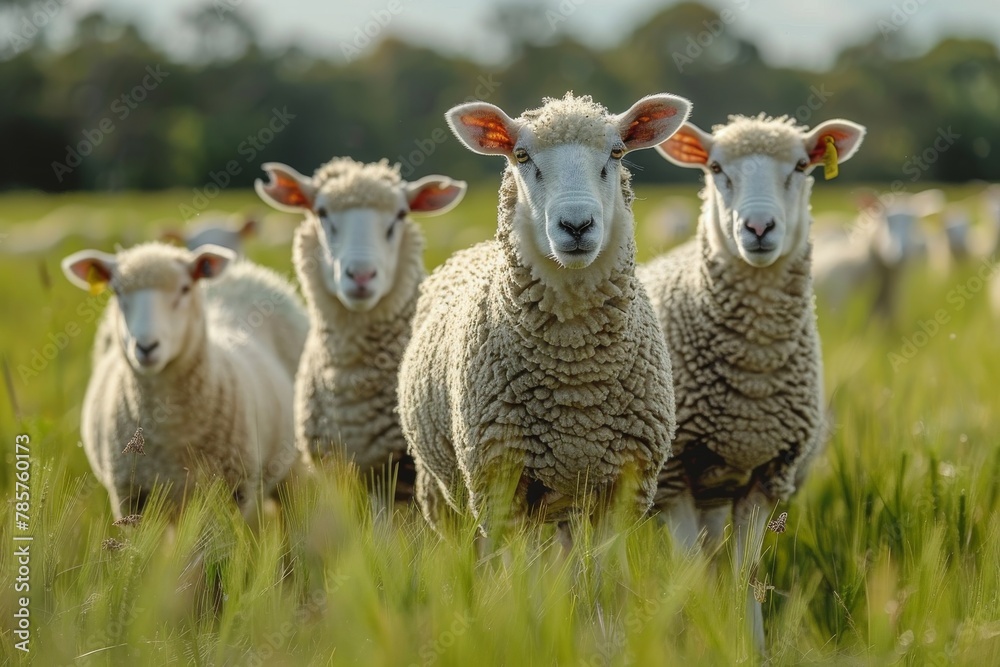 This captivating image features a sheep standing confidently in front, leading a herd grazing in a lush, green pasture under the soft sunlight This captivating image features a sheep standing confidently in front, leading a herd grazing in a lush, green pasture under the soft sunlight
