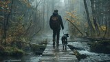 Serene Morning Walk: Man with Backpack and Loyal Dog Crossing a Wooden Bridge in a Misty Forest