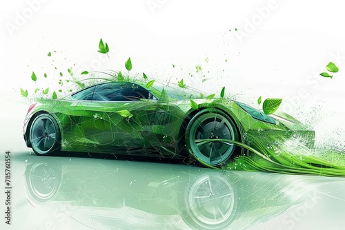 green car with leaves coming out of the exhaust on a white background photo