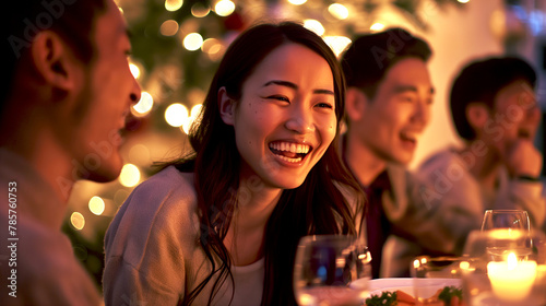 A group of friends enjoys a lively evening together, sharing laughter and conversation around a table adorned with twinkling holiday lights - Generative AI