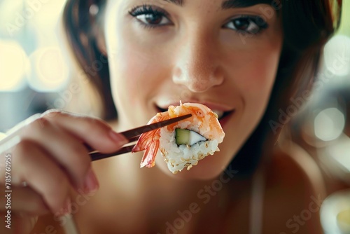 High-definition close-up of a woman enjoying a bite of sushi