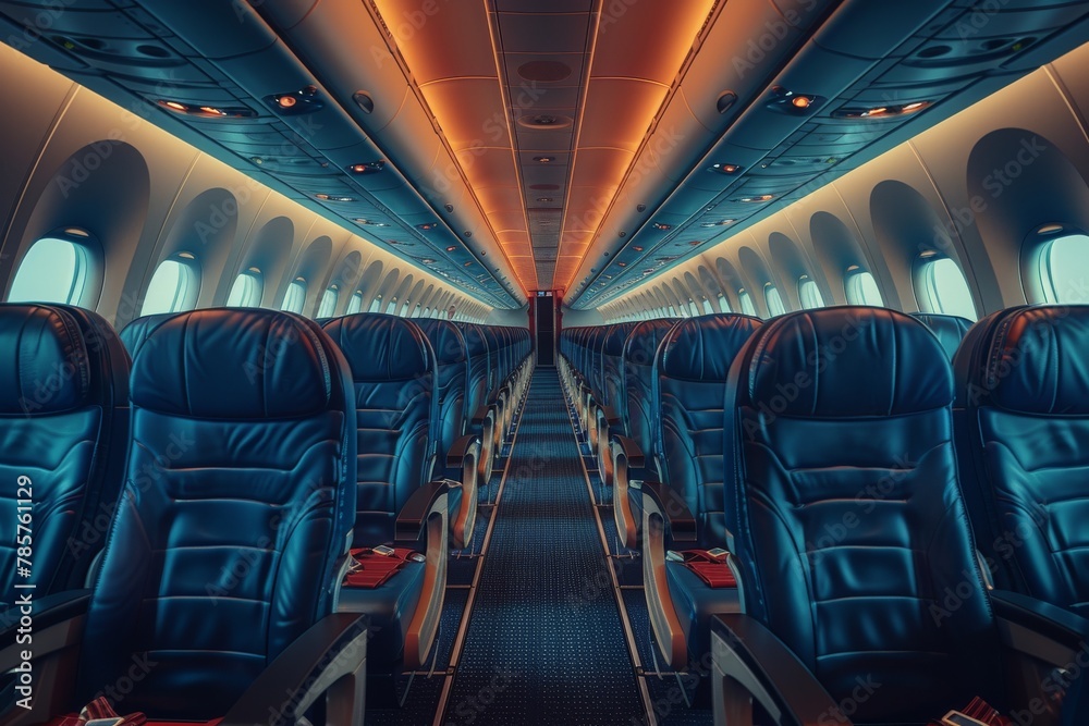 The perspective view of an empty airliner cabin with neat rows of leather blue seats and ambient lighting The perspective view of an empty airliner cabin with neat rows of leather blue seats and ambient lighting