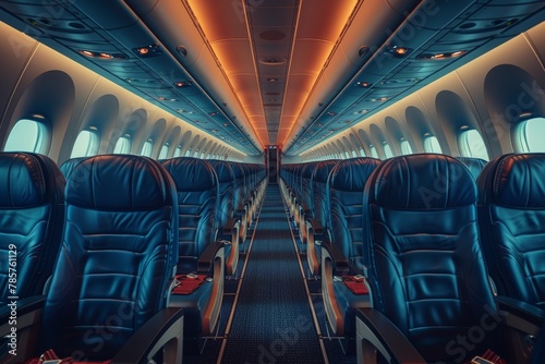 The perspective view of an empty airliner cabin with neat rows of leather blue seats and ambient lighting