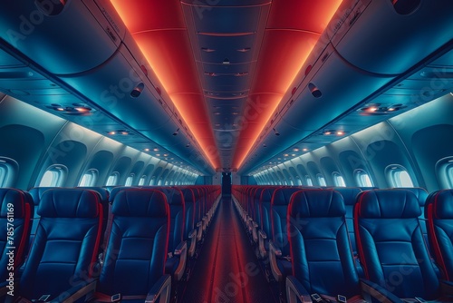 An empty aircraft aisle is moodily lit with a blue and red gradient, giving a modern and clean feel photo