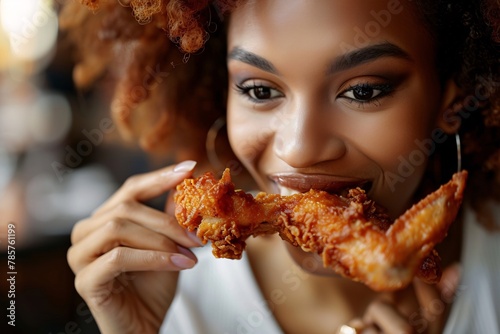 High-definition close-up of a woman enjoying a bite of crispy fried chicken