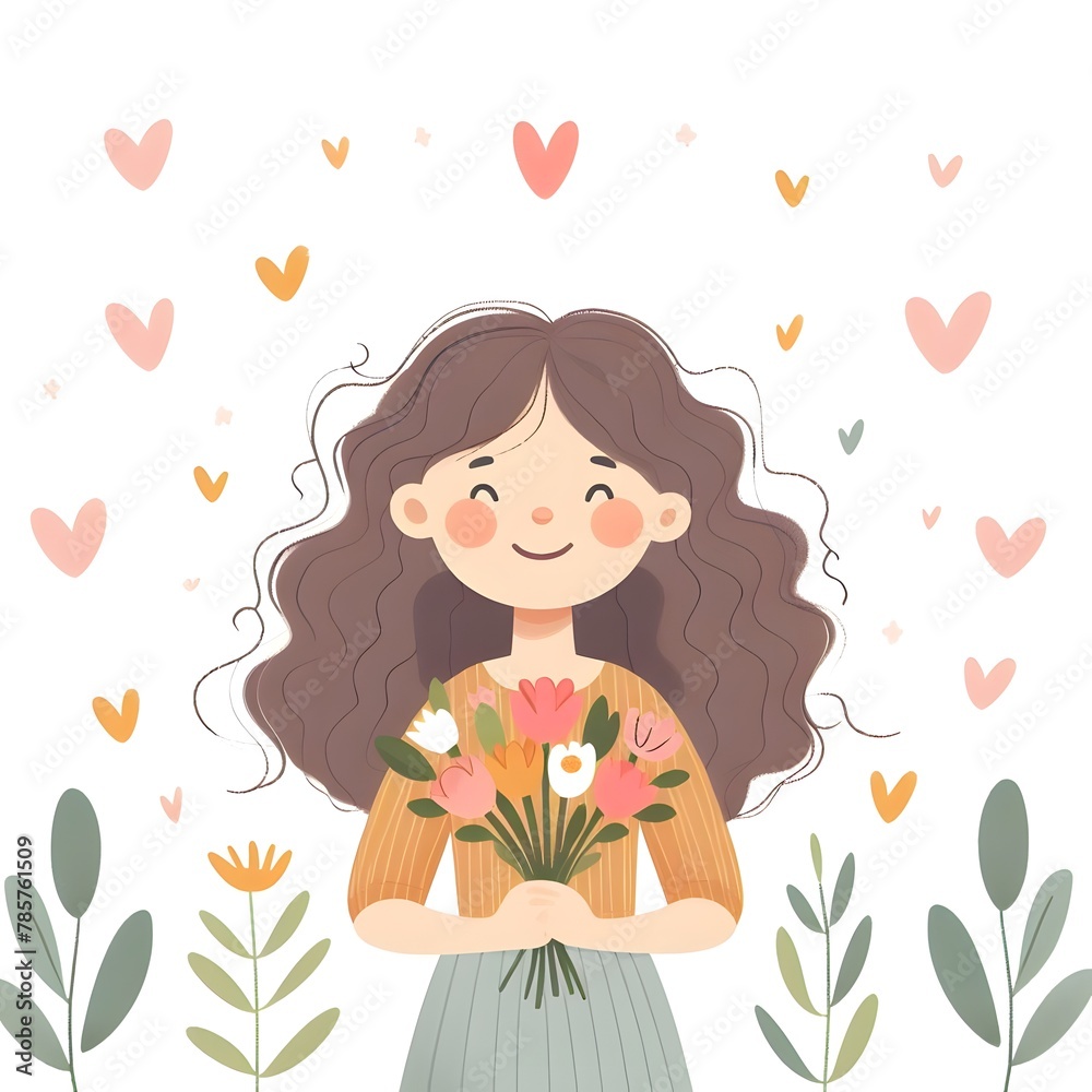 illustration of a girl happy with curly hair holding a bunch of flowers illustration of a girl happy with curly hair holding a bunch of flowers