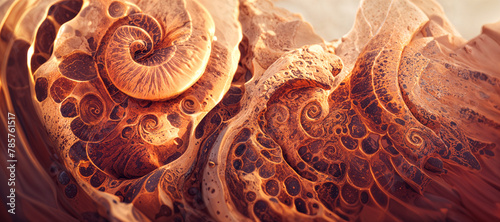 Abstract fossilized ammonite shell rock pattern with detailed rough stone surface texture in a orange hue. photo