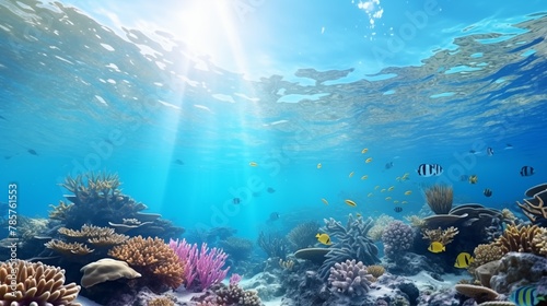 scuba diving in tropical ocean coral reef sea under water, scuba diver, diver, swim, caribbean, fiji, maldives, snorkel, marine life, aquatic, aqua blue, dive. © hamad