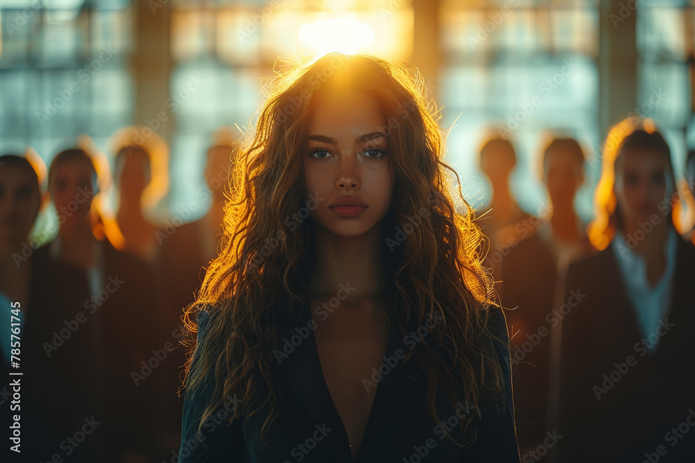A woman leading a team of diverse individuals toward achieving organizational goals and objectives. Concept of female leadership in business. Generative Ai. - obrazy, fototapety, plakaty 