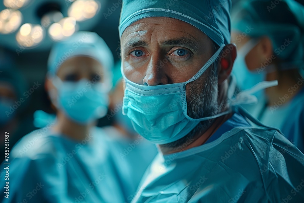 A group of medical professionals is deeply concentrated as they engage in a surgical operation, with advanced medical equipment in use A group of medical professionals is deeply concentrated as they engage in a surgical operation, with advanced medical equipment in use