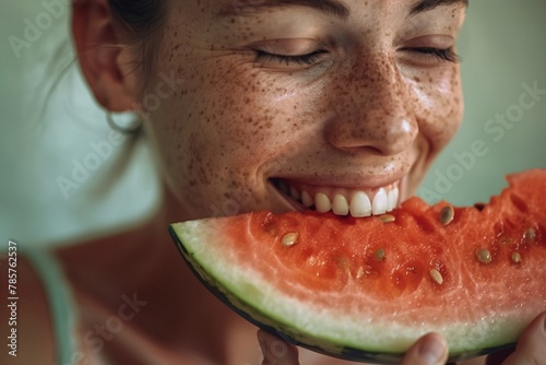 Detailed close-up of a woman relishing a slice of fresh watermelon