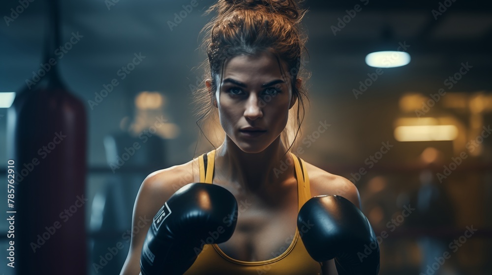 Striking image of a female boxer at work in a dimly lit gym - a vivid portrayal of determination and power. Striking image of a female boxer at work in a dimly lit gym - a vivid portrayal of determination and power.