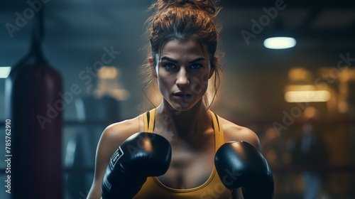 Striking image of a female boxer at work in a dimly lit gym - a vivid portrayal of determination and power. © hamad