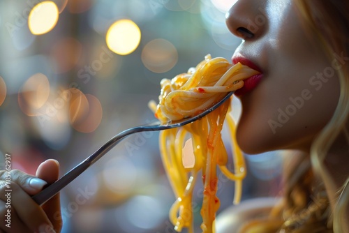 Detailed close-up of a woman relishing a forkful of spaghetti