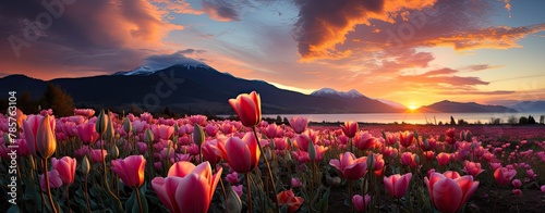 beautiful blooming tulips under sunset sky at spring