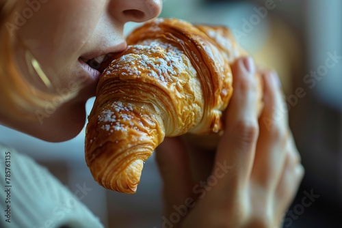 Detailed close-up of a woman munching on a crunchy, buttery croissant photo