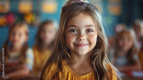 Wallpaper Mural Education and child development. The little girl smiles while sitting in a class with her teacher and fellow students Torontodigital.ca