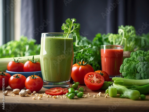 Smoothie made from celery, surrounded by various vegetables, tomatoes, parsley, greens. Photo of food, healthy eating.