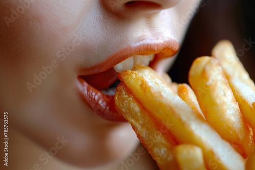 Detailed close-up of a woman munching on a crispy  golden French fry
