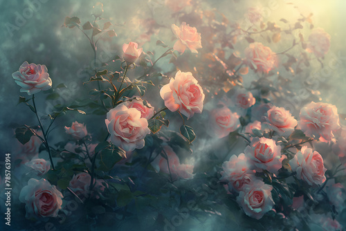 Captivating digital art of a delicate rose garden in full bloom, blending realism with fantasy. Soft pastel hues evoke enchantment and wonder.