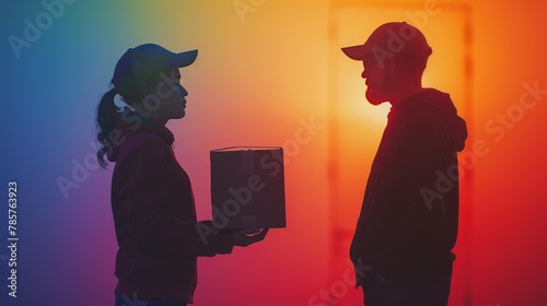 Abstract silhouette of a delivery person handing a package to a homeowner, set against a soft gradient background, text space photo