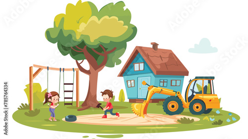 Fototapeta Naklejka Na Ścianę i Meble -  Backyard with kids boy and girl playing with excavator