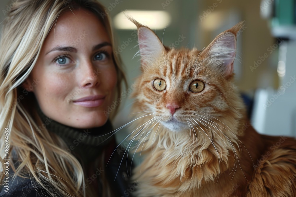 A blonde woman gently smiles alongside an orange cat with striking eyes, conveying warmth and companionship