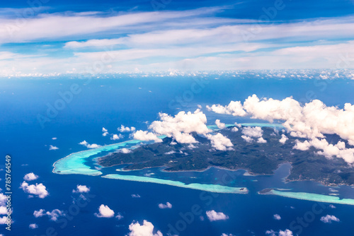 Bora Bora Island in Tahiti  French Polynesia. Travel  lifestyle  freedom and luxury concept. Aerial view.