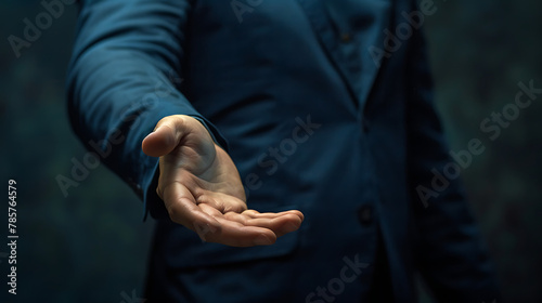 This image depicts a person in a blue suit, extending an open hand against a dark background.