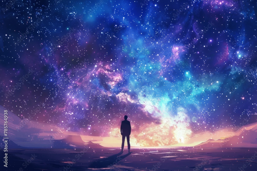 a person standing on the horizon, looking up at an endless starry sky with vibrant colors of blues and purples Generative AI