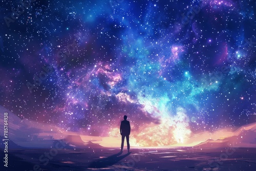 a person standing on the horizon  looking up at an endless starry sky with vibrant colors of blues and purples Generative AI