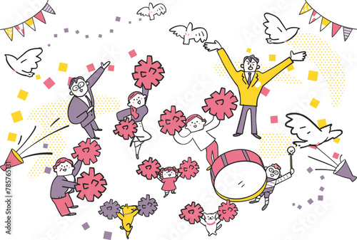 ポンポンを振って応援する人々　やや俯瞰図　イラスト素材
