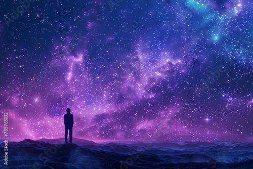 A person standing on the horizon, gazing at an expanse of stars Generative AI
