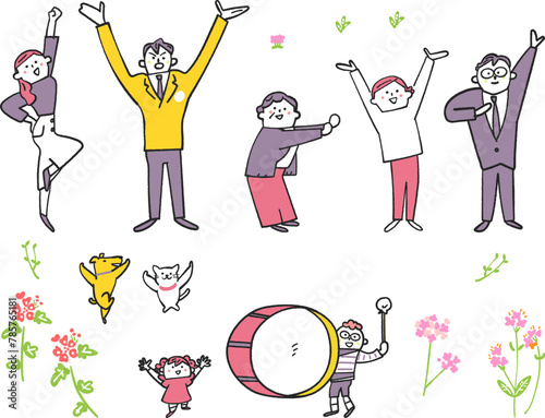 バンザイしてあなたを応援する人々　イラスト素材	
