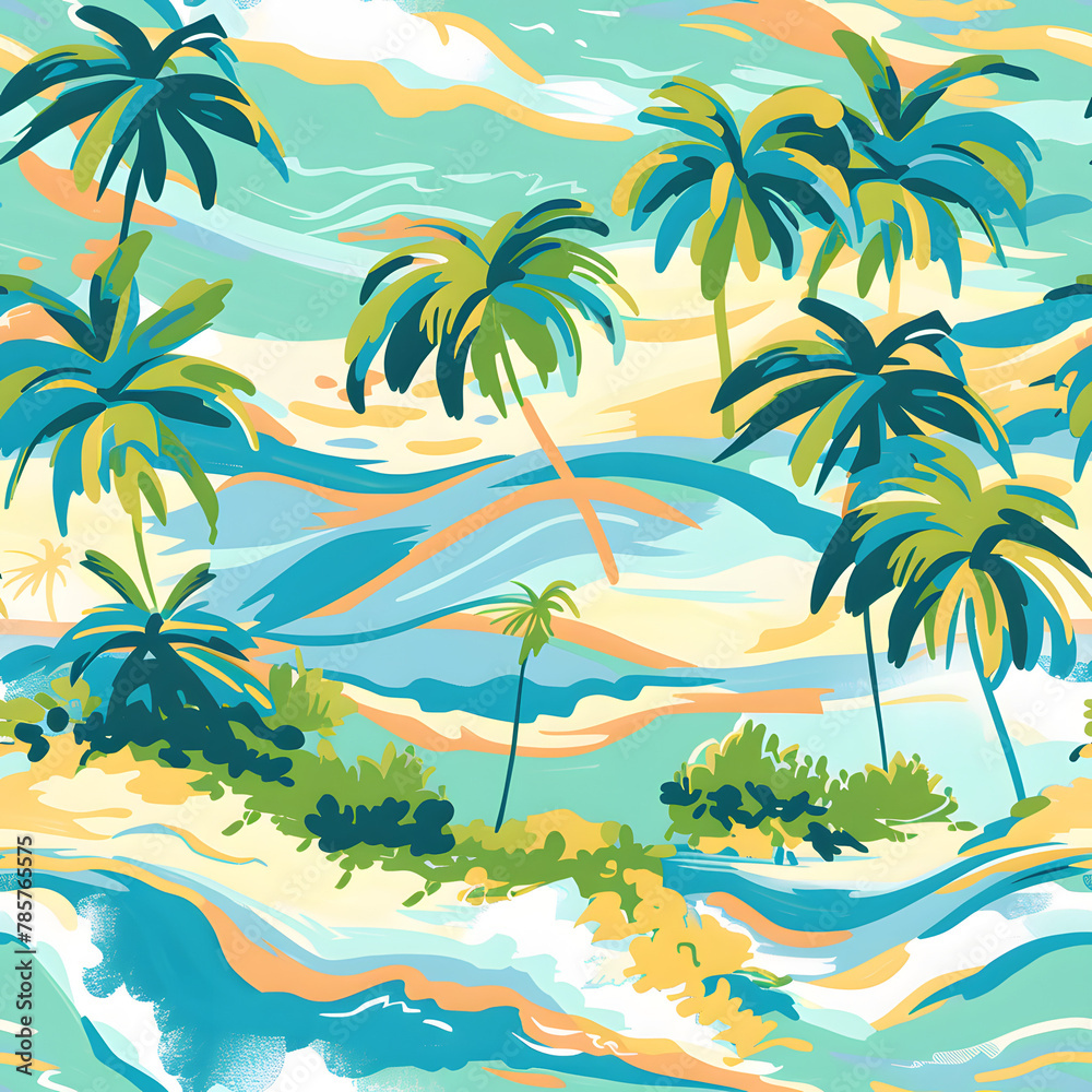 Beach with palm trees Landscape Seamless Pattern background Illustration. Design for fashion,fabric,web,wallaper,wrapping