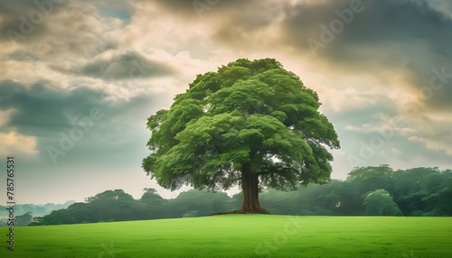 A lush green field with a large tree in the foreground and a small tree in the background