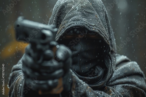 A mysterious person in a cloak points a gun, with raindrops adding drama to the dimly lit scene This evokes a sense of suspense and danger photo