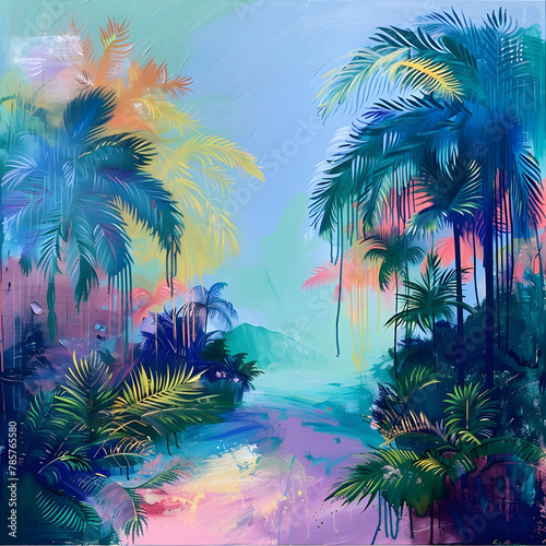 A watercolor painting of a tropical island with palm trees.