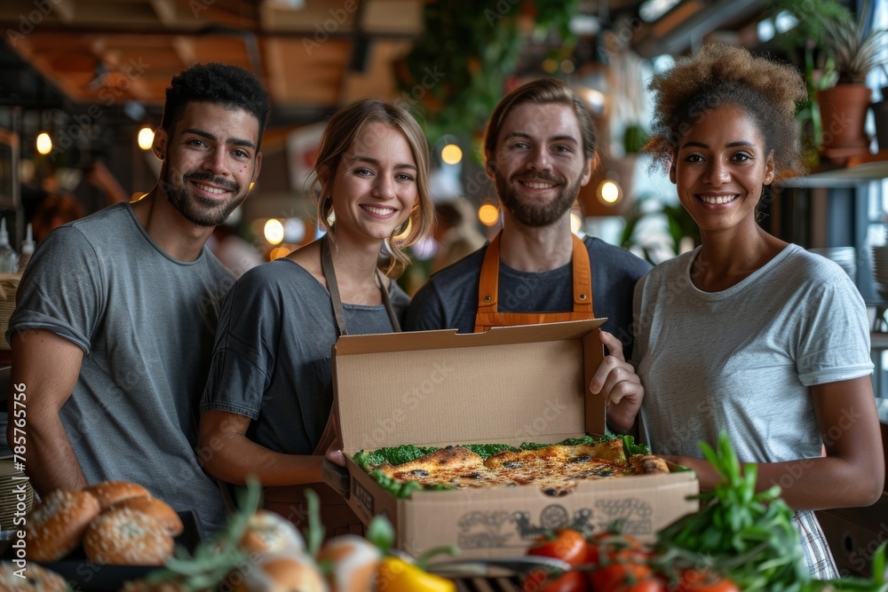 Amicable staff presenting a delicious pizza in a warmly lit restaurant setting Amicable staff presenting a delicious pizza in a warmly lit restaurant setting