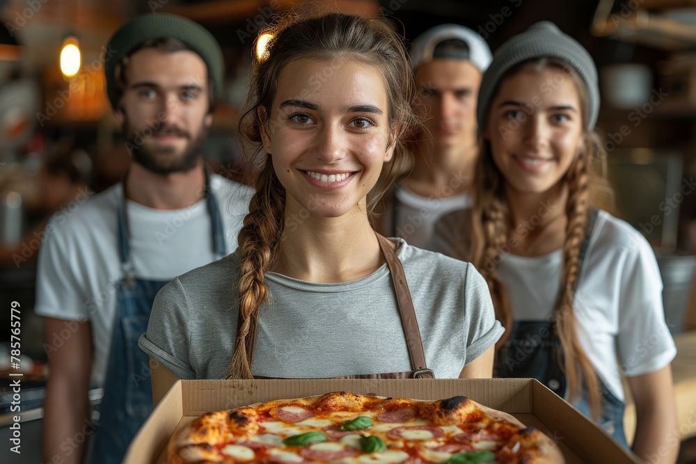 Group of young workers holding a pizza, smiling confidently in a casual restaurant