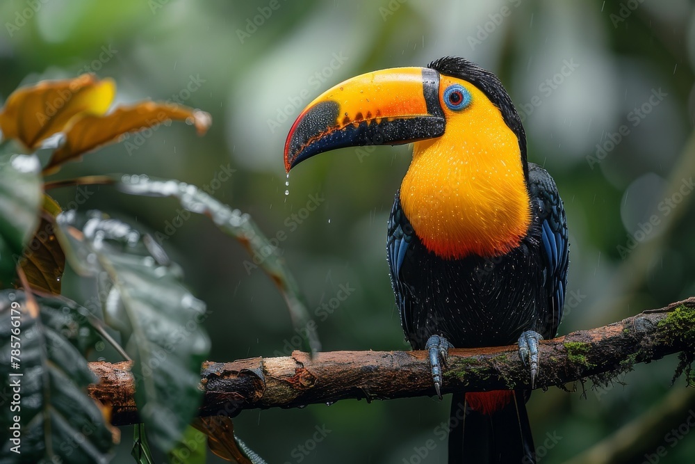 Fototapeta premium A colorful toucan under rainfall in the lush greenery of the tropical rainforest
