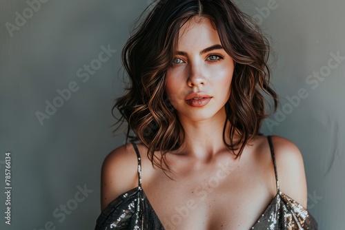 portrait of a beautiful women with medium length hair in a dress with a plunging neckline