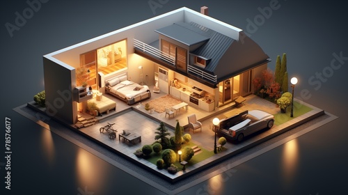 A 3D small house model on an architectural floorplan.